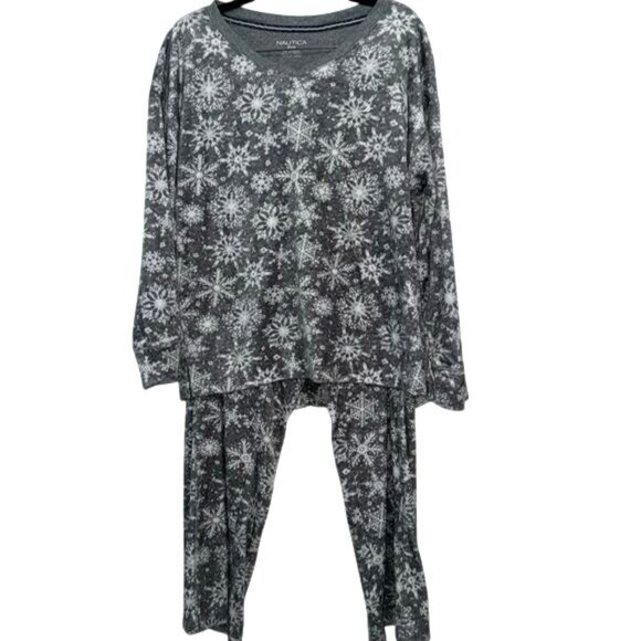 Nautica Womens Gray & White Snowflake Pajama Set Long Sleeve Top & Pants V-Neck - Picture 2 of 10
